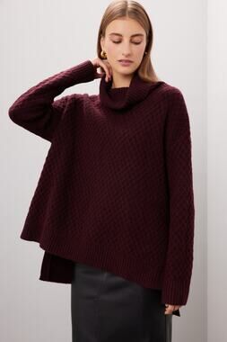 Adam Lippes Burgundy Wine Waffle Knit Oversized Turtleneck Sweater Size XS